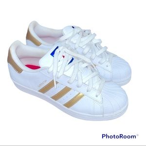 EUC ADIDAS METALLIC GOLD & WHITE SUPERSTAR Red & Blue Sz 5.5